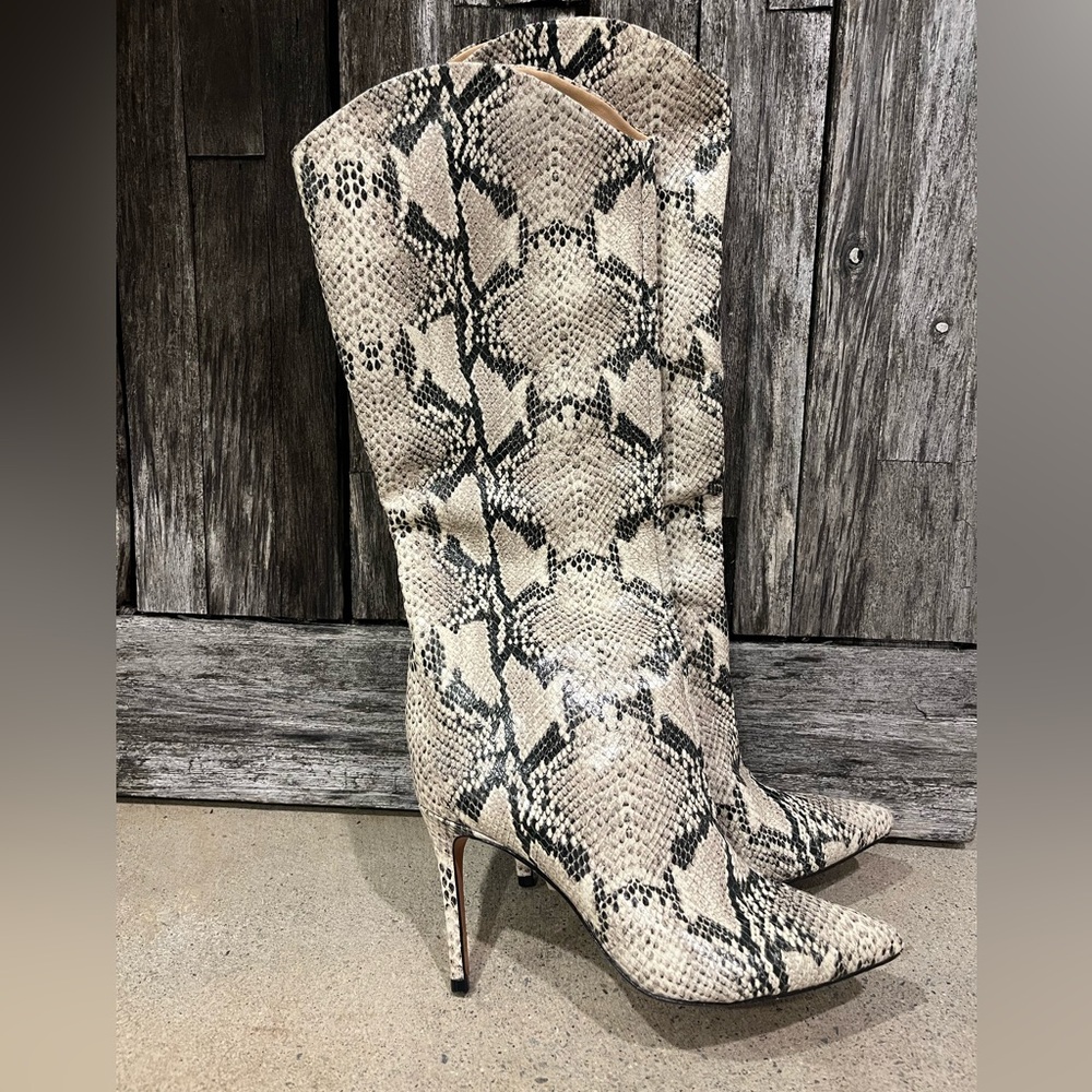 SCHUTZ Snakeskin Heeled Boots - Black and Cream